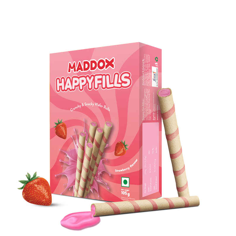 Maddox Happyfills Crunchy & Snacky Wafer Rolls | Strawberry Flavour Maddox Happyfills Crunchy & Snacky Wafer Rolls | Strawberry Flavour