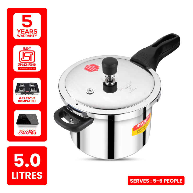 Master Stainless Steel Flat Outer Lid Pressure Cooker 5 L, Gas and Induction Stove Compatible