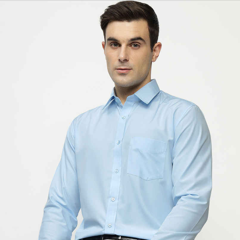 English Navy Men's Cotton Solid Slim Fit Spread Collar Button Closure Formal Shirt | Sky Blue | L