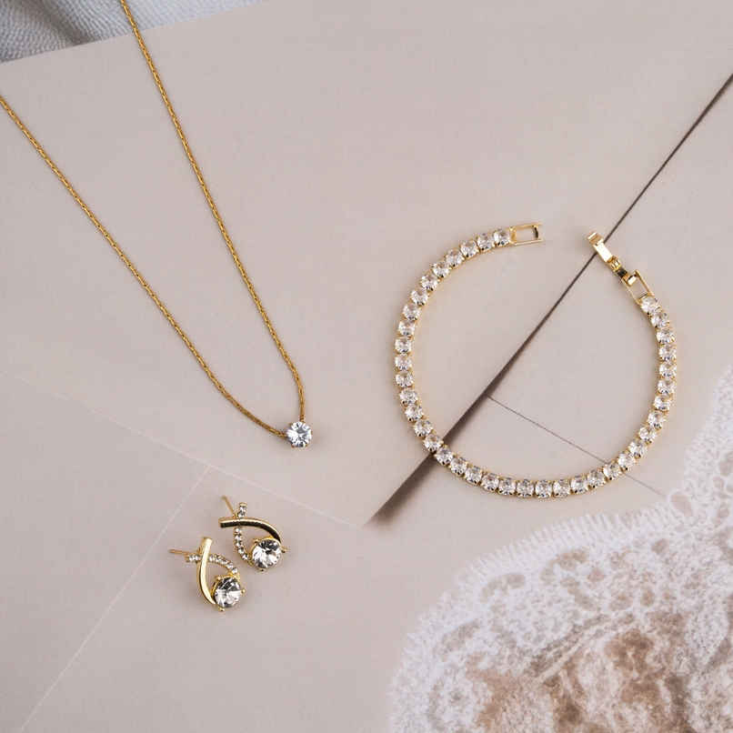 BeautyNX Gold-Plated Zircon Pendant, Stud Earrings & Tennis Bracelet Combo Set BeautyNX Gold-Plated Zircon Pendant, Stud Earrings & Tennis Bracelet Combo Set