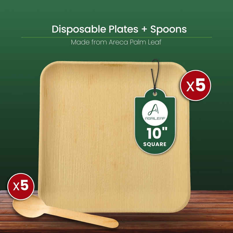 AGRILEAF 10 Inch Square Areca Palm Leaf Disposable Plates with Spoons | 5 Plates + 5 Spoons AGRILEAF 10 Inch Square Areca Palm Leaf Disposable Plates with Spoons | 5 Plates + 5 Spoons