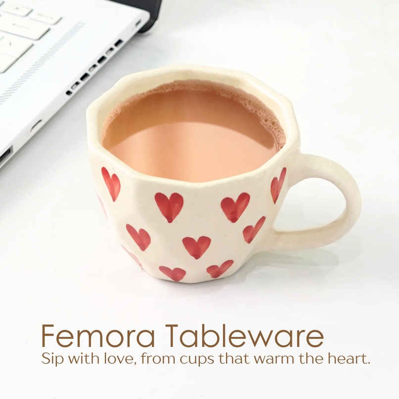 Femora Handcrafted Red Hearts Ceramic Cup | Red | 250 ml