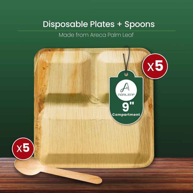 AGRILEAF 9 Inch Square 3-Compartment Areca Palm Leaf Disposable 5 Plates with 5 Spoons AGRILEAF 9 Inch Square 3-Compartment Areca Palm Leaf Disposable 5 Plates with 5 Spoons