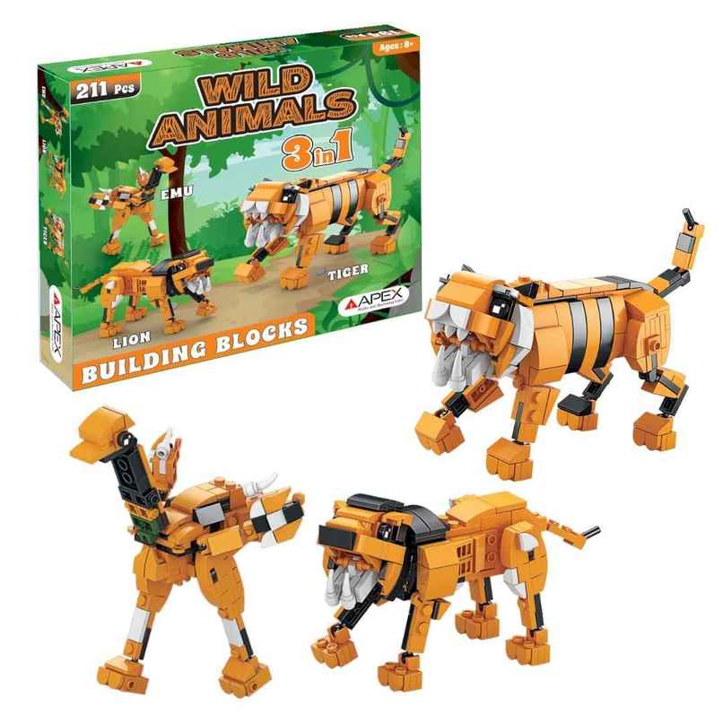 Apex Wild Animals Building Blocks 211 Pieces | Tiger, Lion & Emu Apex Wild Animals Building Blocks 211 Pieces | Tiger, Lion & Emu