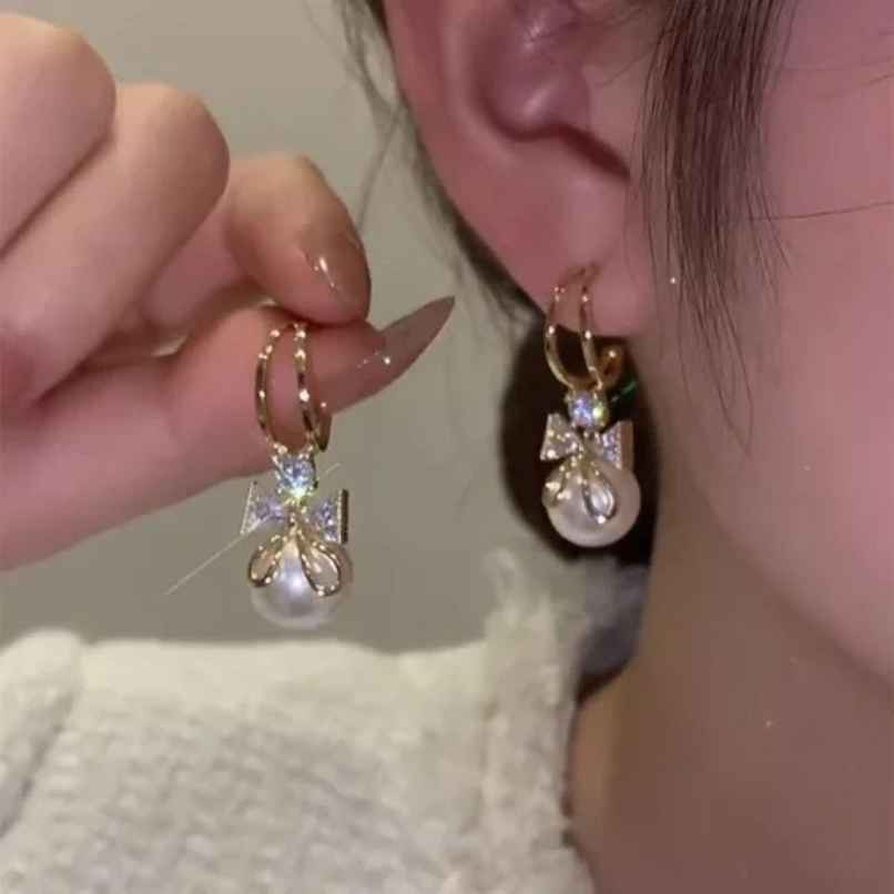 Estailo Fashion Women's Perky Pearl Bow Earrings | Lightweight Statement Jewellery | E0001390