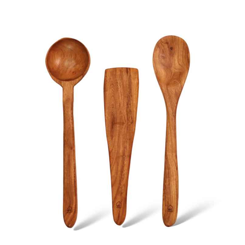 Vesta Homes Set Of 3 Neem Wood Spoon, Compact Flip, Spatula/Ladle|No Polish| Non-Stick|Hand Carved Vesta Homes Set Of 3 Neem Wood Spoon, Compact Flip, Spatula/Ladle|No Polish| Non-Stick|Hand Carved