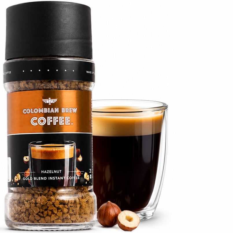 Colombian Brew Hazelnut Instant Coffee 9/12 Intensity - Freeze Dried Colombian Brew Hazelnut Instant Coffee 9/12 Intensity - Freeze Dried