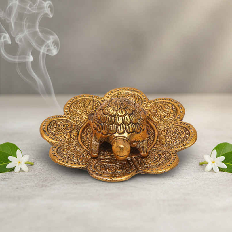 Tortoise/ Turtle/Kachua on Flower Plate Vastu Feng Shui in Gold Polish | Devnidhi Tortoise/ Turtle/Kachua on Flower Plate Vastu Feng Shui in Gold Polish | Devnidhi
