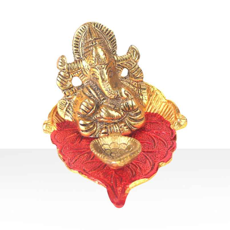 Diya Ganesh With Meenakari on Peepal Leaf | Gold | Metal | Diya-Pooja | Devnidhi