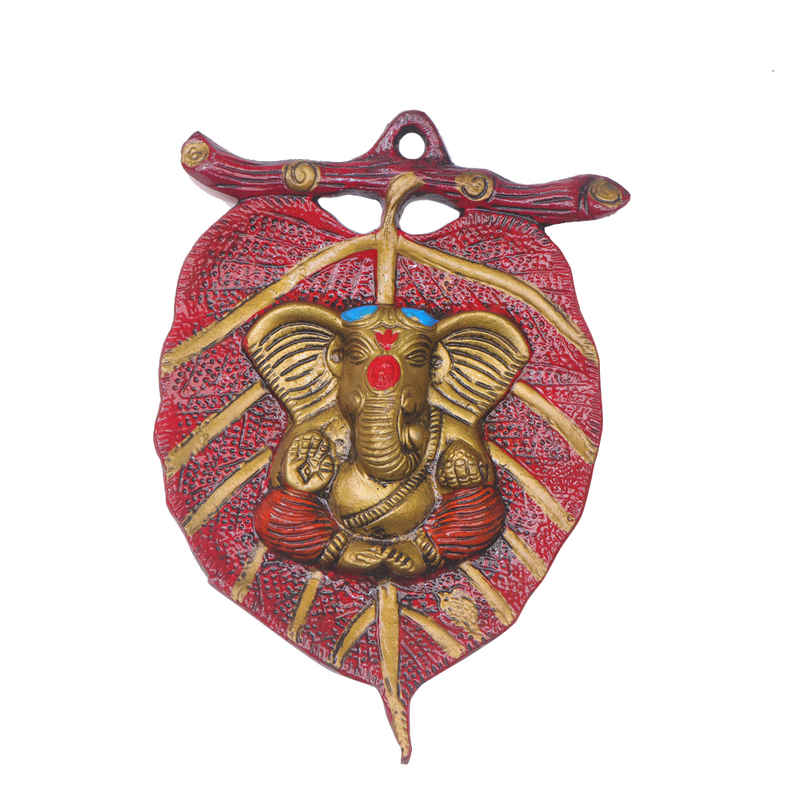 Ganesh Ji on Red Leaf Wall Hanging in Gold Polish | Devnidhi