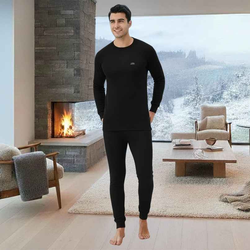 Lux Cottswool Men's Full Sleves Round Neck Thermal Top And Bottom Set | Black| 90 cm Lux Cottswool Men's Full Sleves Round Neck Thermal Top And Bottom Set | Black| 90 cm