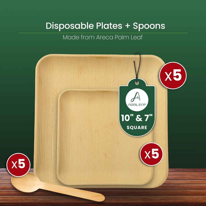AGRILEAF Square Areca Palm Leaf Disposable Plate Combo | 25.4 & 17.8 cm Plates and Spoons | 5 sets AGRILEAF Square Areca Palm Leaf Disposable Plate Combo | 25.4 & 17.8 cm Plates and Spoons | 5 sets