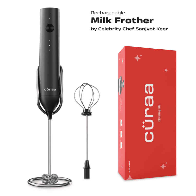 Curaa by YFL Home 10W Milk Frother for Coffee, 3 Speed Electric Milk Frother for Coffee, Lattes, Milk, Hot Chocolates & Cream, Handheld, Portable, Rechargeable Frother with Stand & Whisker - Black