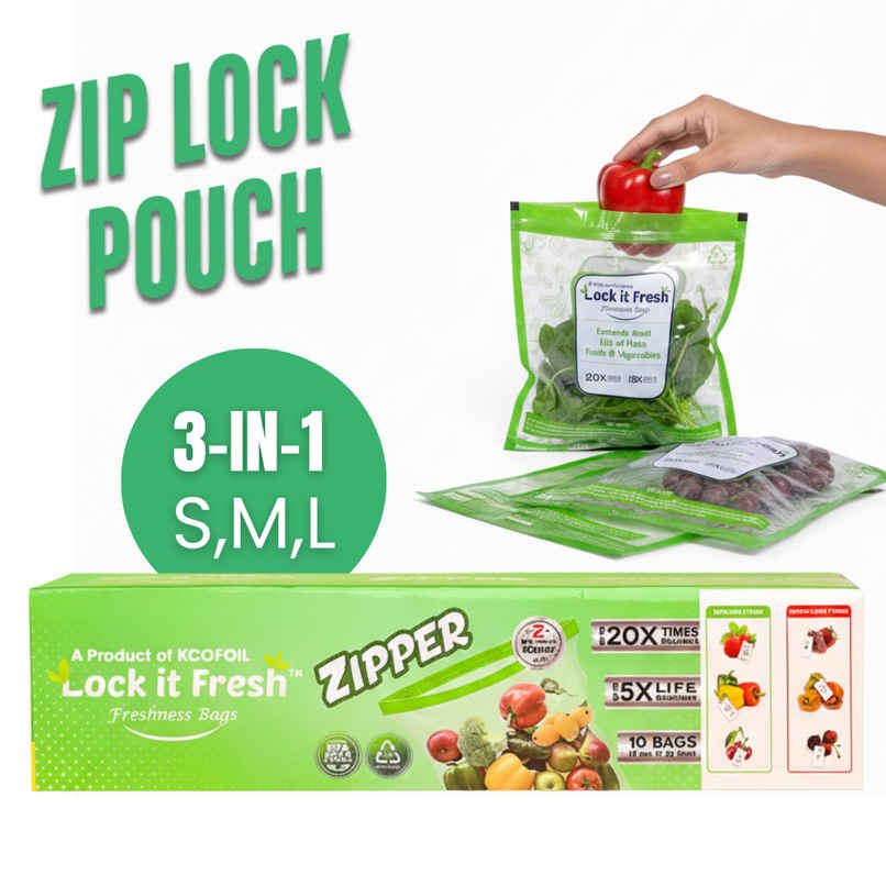 Kcofoil Lock IT Zip lock Reusable Food Bag | Pack 10 | 4 L - 4 M - 2 S