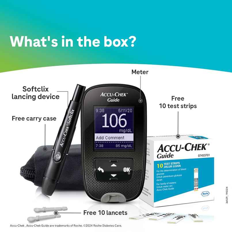 Accu-Chek Guide Glucometer With Free 10 Test Strips, 10 Lancets Accu-Chek Guide Glucometer With Free 10 Test Strips, 10 Lancets
