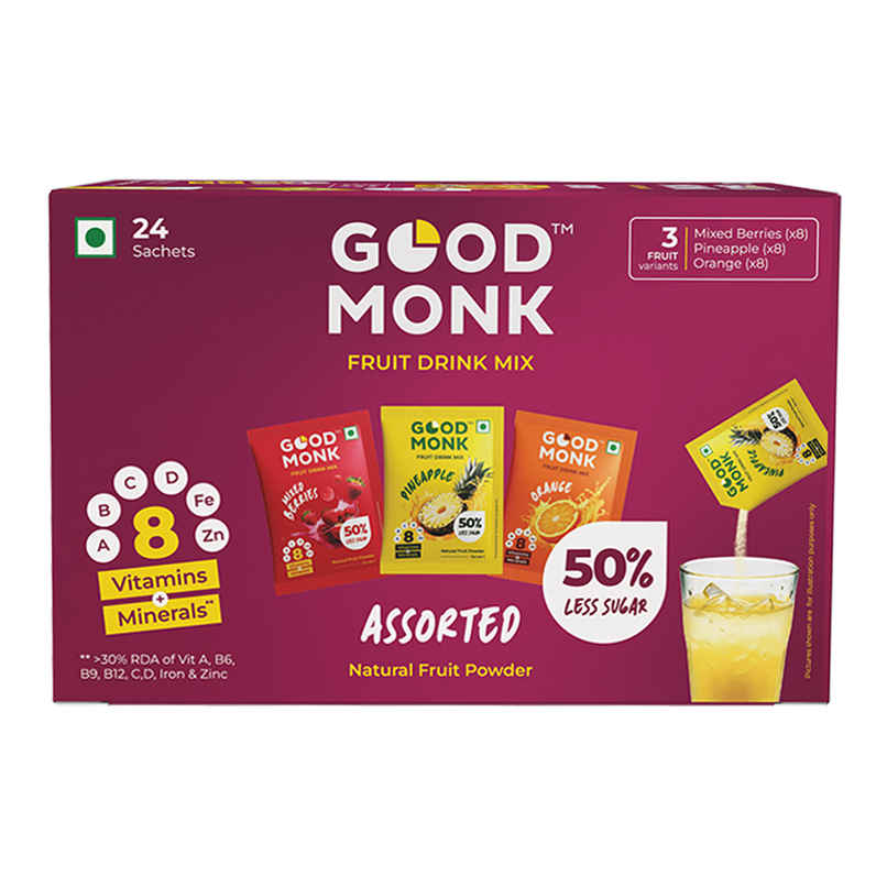 Good Monk Fruit Drink Mix | Assorted | 50% Less Sugar | 8 Vitamins & Minerals | 24 Sachets - 396 g