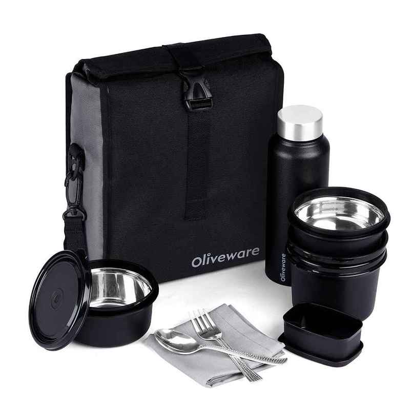 Oliveware Teso Pro Lunch Box Steel 290 ml 450 ml & 600 ml Pickle Box 130 ml Bottle 750 ml Black