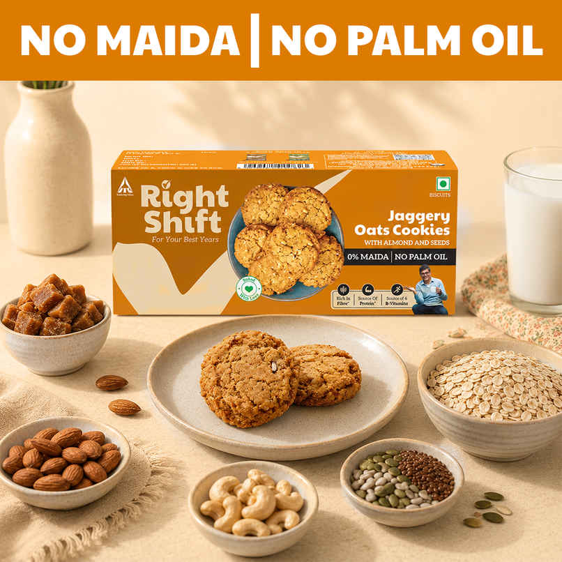 Right Shift Jaggery Oats Cookies | No Palm Oil, 0% Maida, Digestive Biscuits, Healthy Snack Right Shift Jaggery Oats Cookies | No Palm Oil, 0% Maida, Digestive Biscuits, Healthy Snack
