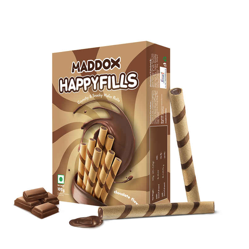 Maddox Happyfills Crunchy & Snacky Wafer Rolls | Chocolate Flavour Maddox Happyfills Crunchy & Snacky Wafer Rolls | Chocolate Flavour