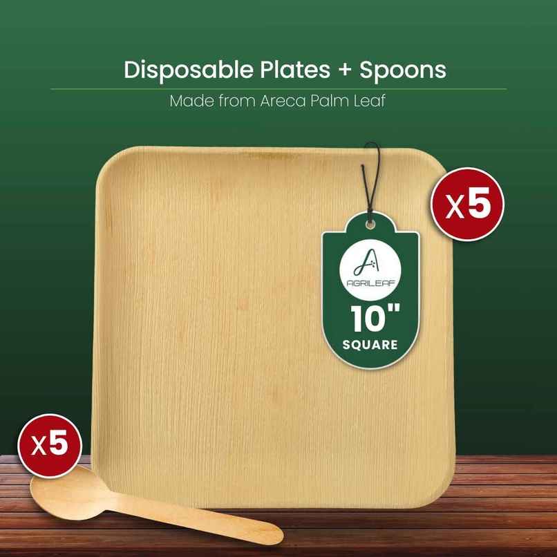 AGRILEAF 10 Inch Square Areca Palm Leaf Disposable Plates with Spoons | 5 Plates + 5 Spoons AGRILEAF 10 Inch Square Areca Palm Leaf Disposable Plates with Spoons | 5 Plates + 5 Spoons