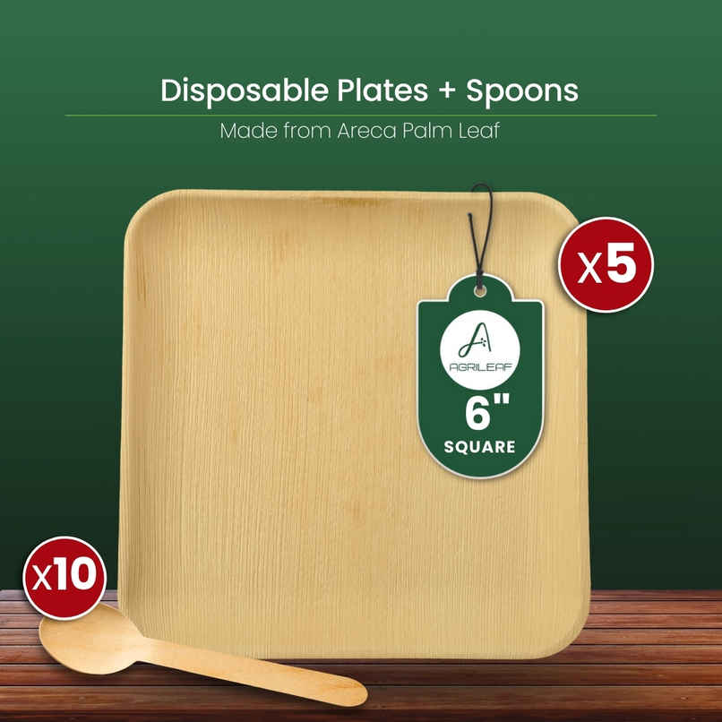 AGRILEAF 6 Inch Square Areca Palm Leaf Disposable Plates | 5 Plates + 10 Spoons (5 Free) AGRILEAF 6 Inch Square Areca Palm Leaf Disposable Plates | 5 Plates + 10 Spoons (5 Free)