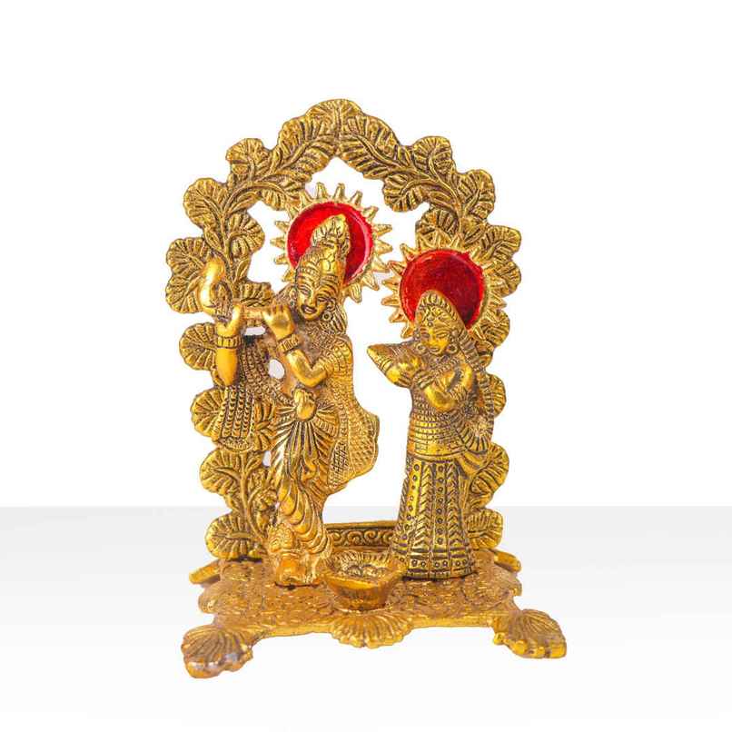 Diya Radha Krishna Mehrab Chowki in Gold Polish Large Size | Golden | Metal | Diya-Pooja | Devnidhi