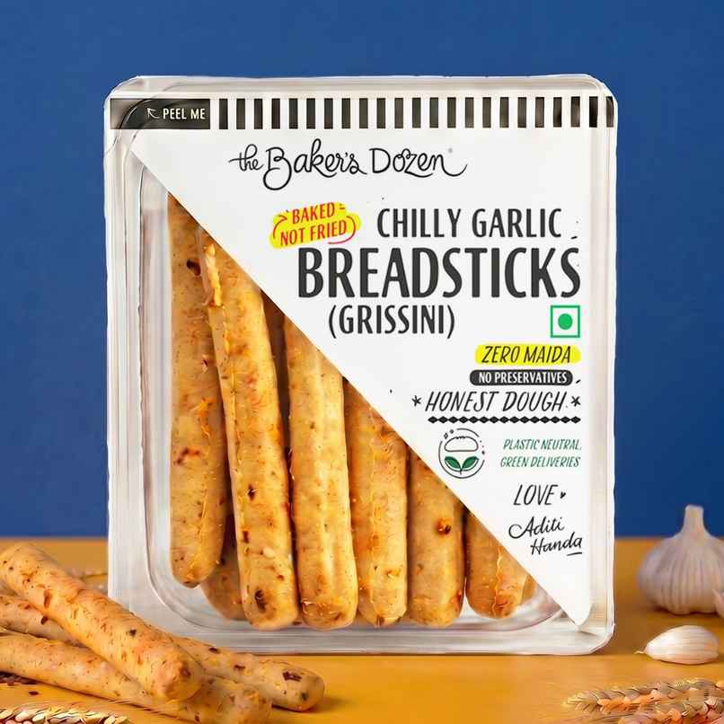 The Baker's Dozen Chilli Garlic Breadsticks Zero Maida | Grissini | Baked Snacks | Healthy Snacks The Baker's Dozen Chilli Garlic Breadsticks Zero Maida | Grissini | Baked Snacks | Healthy Snacks