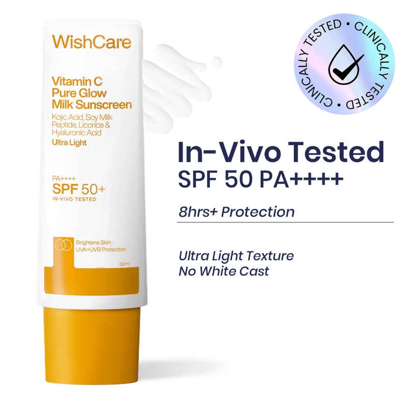 WishCare Vitamin C Pure Glow Milk Sunscreen SPF 50 PA++++ In-Vivo Tested | No White Cast