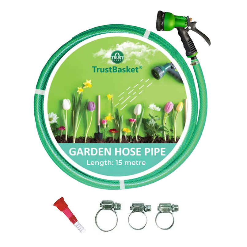TrustBasket Hose Pipe - 15 m | Pipe for Garden with Tap Adapter & 3 Clamps 0.5 inch pipe