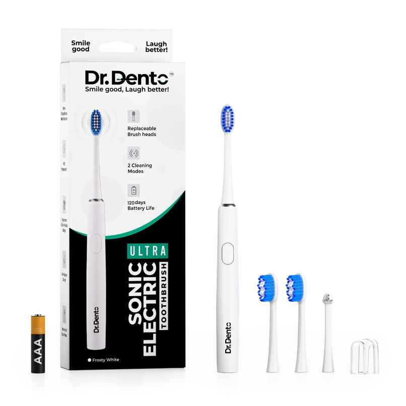 Dr.Dento Ultra Sonic Dual Mode Electric Toothbrush| 3 Brush Heads| 1 Yr Warranty - Frosty White