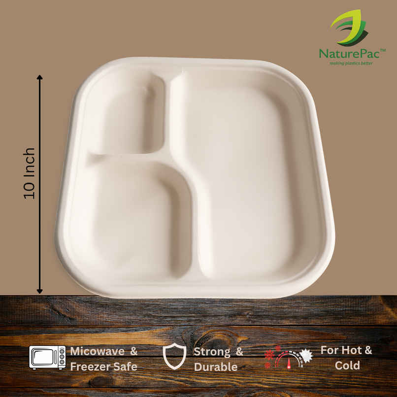 Bagasse Plate | Square | 10 inch | 3 Compartment | Naturepac Bagasse Plate | Square | 10 inch | 3 Compartment | Naturepac
