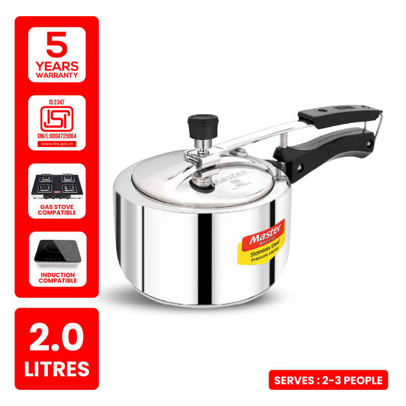 Master Stainless Steel Inner Lid Pressure Cooker 2 L, Gas and Induction Stove Compatible