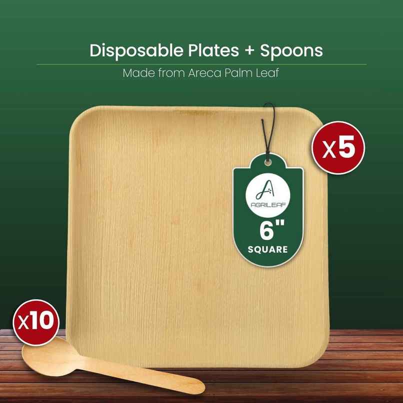 AGRILEAF 6 Inch Square Areca Palm Leaf Disposable Plates | 5 Plates + 10 Spoons (5 Free) AGRILEAF 6 Inch Square Areca Palm Leaf Disposable Plates | 5 Plates + 10 Spoons (5 Free)