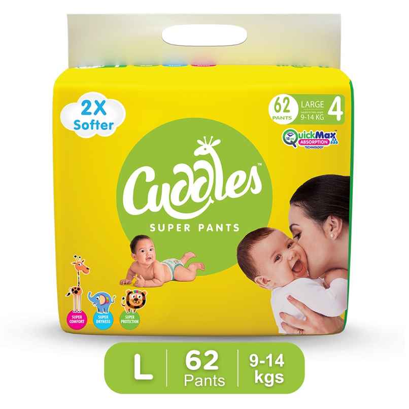 Cuddles Baby Pant Diaper-L | 62 Pieces | 9-14kg | Upto 12 hours Protection 2X Softer