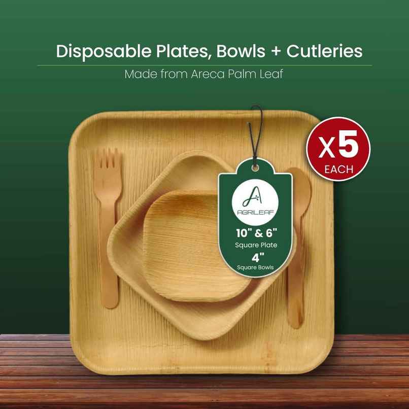 AGRILEAF Square Areca Palm Leaf Disposable Party Combo | 25 Pcs (5 Each Plates, Bowls & Cutlery) AGRILEAF Square Areca Palm Leaf Disposable Party Combo | 25 Pcs (5 Each Plates, Bowls & Cutlery)