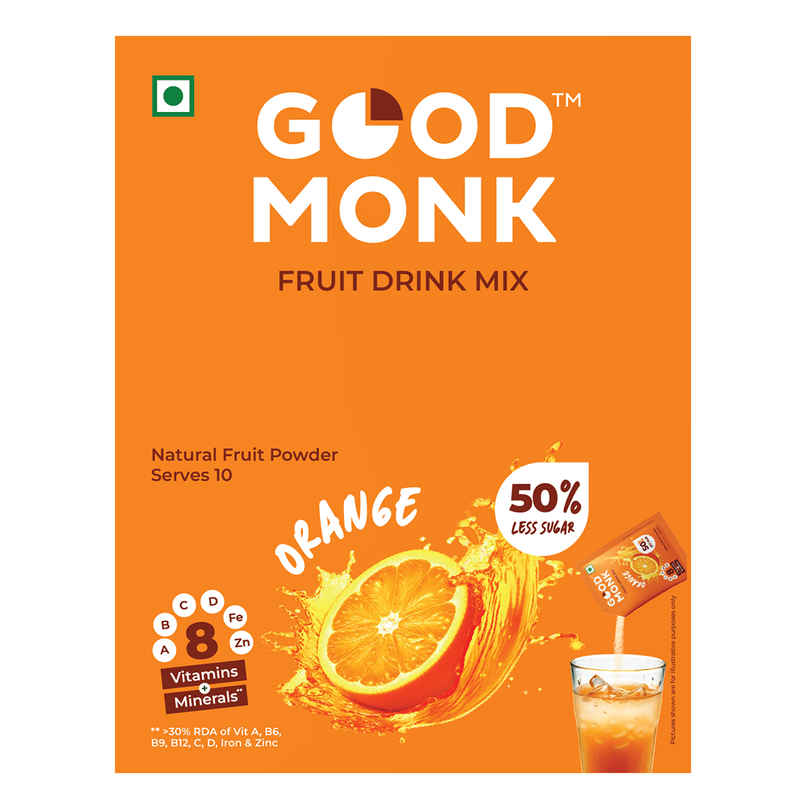 Good Monk Instant Fruit Drink Mix - Natural Orange Powder | 50% Less Sugar | With 8 Vitamins Good Monk Instant Fruit Drink Mix - Natural Orange Powder | 50% Less Sugar | With 8 Vitamins