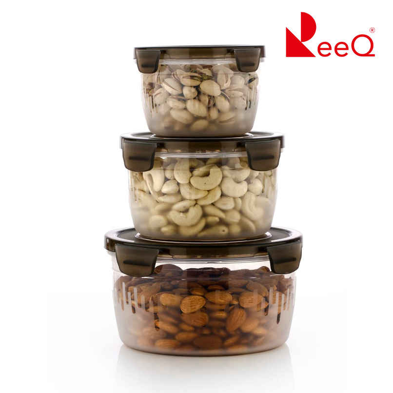 ReeQ Premium Round Plastic Container Set | 1.8 L + 1.2 L + 600 ml