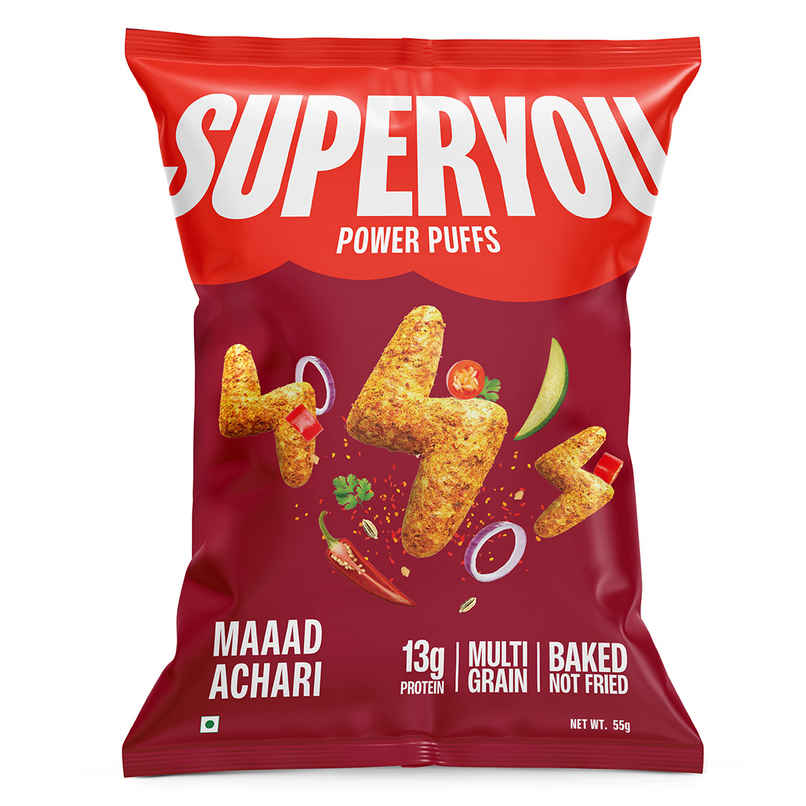 SuperYou Power Puffs - Maaad Achaari | 13g protein | Multigrain, No Palm Oil, No Cholesterol SuperYou Power Puffs - Maaad Achaari | 13g protein | Multigrain, No Palm Oil, No Cholesterol