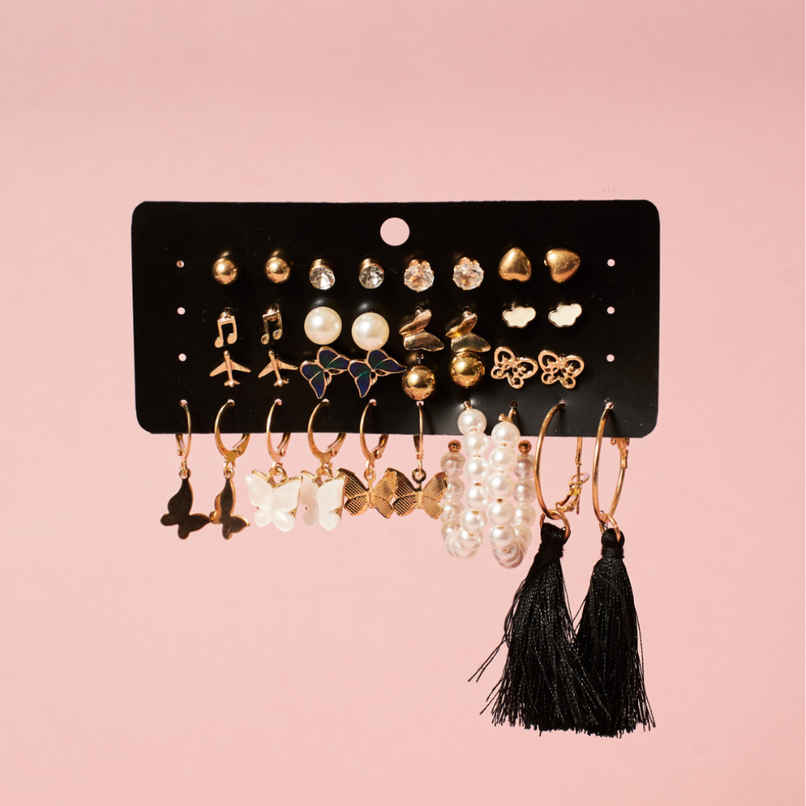 SALTY Set of 17 Bohemian Long Tassel Drop Statement Earrings and Studs for Women | Anti-Tarnish