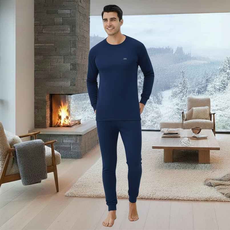 Lux Cottswool Men's Full Sleeves Round Neck Thermal Top And Bottom Set | Blue | 85cm Lux Cottswool Men's Full Sleeves Round Neck Thermal Top And Bottom Set | Blue | 85cm
