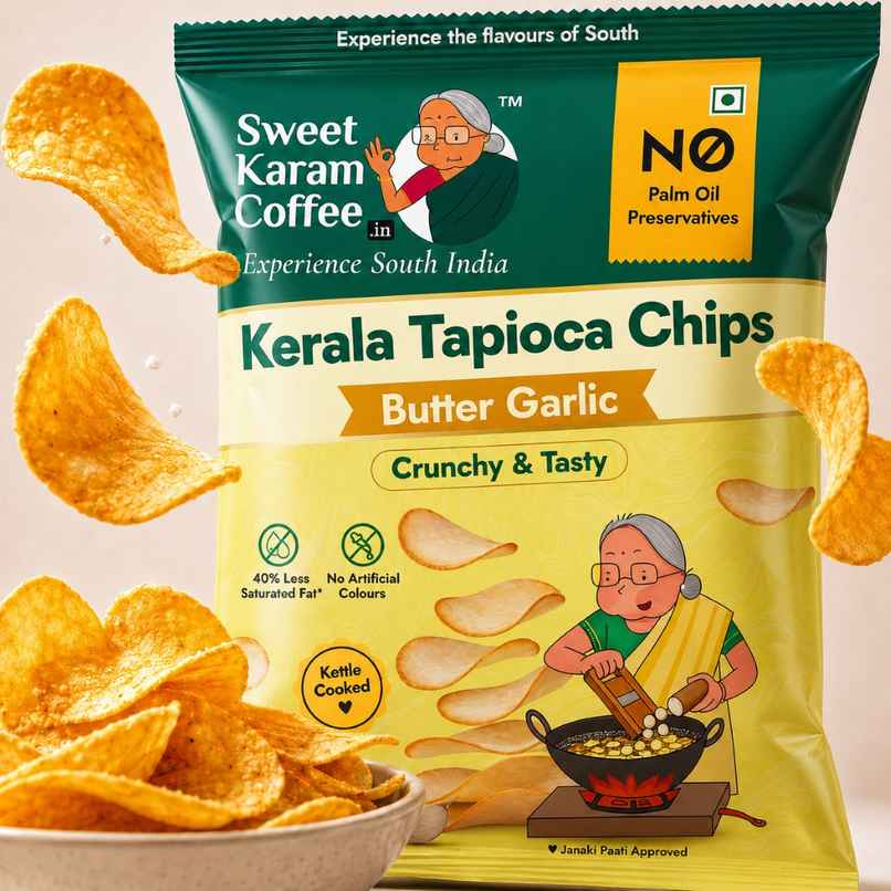 Sweet Karam Coffee Kerala Tapioca Chips | Butter Garlic | Homestyle Wafers