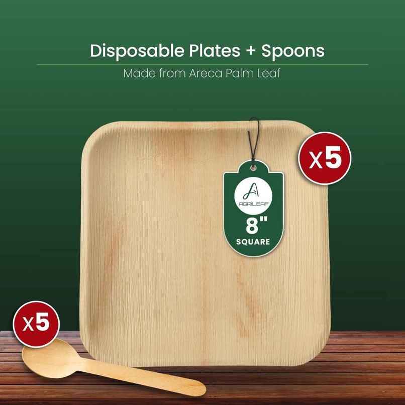 AGRILEAF 8 Inch Square Areca Palm Leaf Disposable Plates with Spoons | 5 Plates + 5 Spoons AGRILEAF 8 Inch Square Areca Palm Leaf Disposable Plates with Spoons | 5 Plates + 5 Spoons