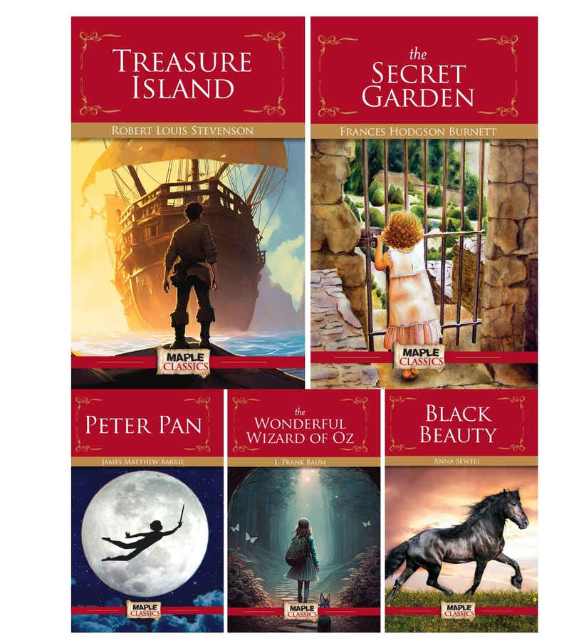Maple Press Children's Classics | Treasure Island, Peter Pan, The Secret Garden, The Wizard of Oz & Black Beauty