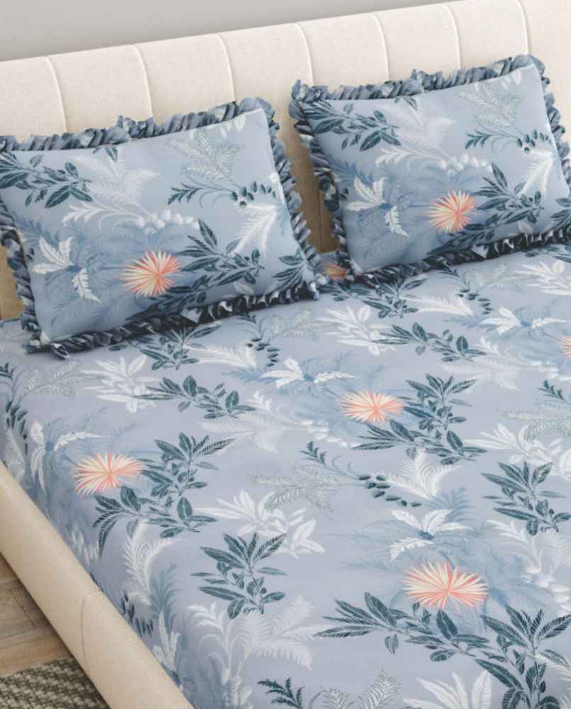 DREAM WEAVERZ Elastic Fitted Double Bedsheet with 2 Frill Pillow Covers | Cotton Blend | Light Grey DREAM WEAVERZ Elastic Fitted Double Bedsheet with 2 Frill Pillow Covers | Cotton Blend | Light Grey