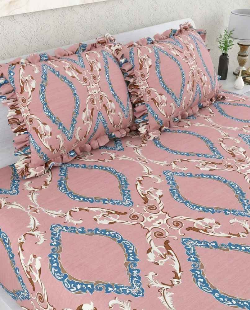 DREAM WEAVERZ Elastic Fitted Double Bedsheet with 2 Frill Pillow Covers | Cotton Blend | Pink DREAM WEAVERZ Elastic Fitted Double Bedsheet with 2 Frill Pillow Covers | Cotton Blend | Pink