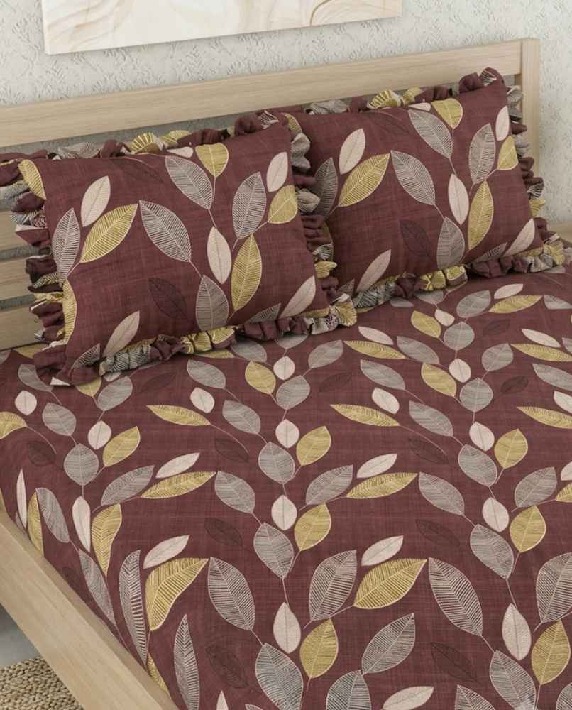 DREAM WEAVERZ Elastic Fitted Double Bedsheet with 2 Frill Pillow Covers | Cotton Blend | Brownish Purple DREAM WEAVERZ Elastic Fitted Double Bedsheet with 2 Frill Pillow Covers | Cotton Blend | Brownish Purple