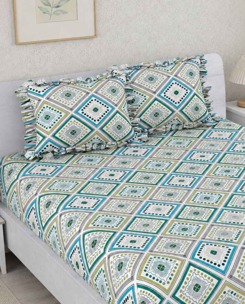 DREAM WEAVERZ Elastic Fitted Double Bedsheet with 2 Frill Pillow Covers | Cotton Blend | Green DREAM WEAVERZ Elastic Fitted Double Bedsheet with 2 Frill Pillow Covers | Cotton Blend | Green