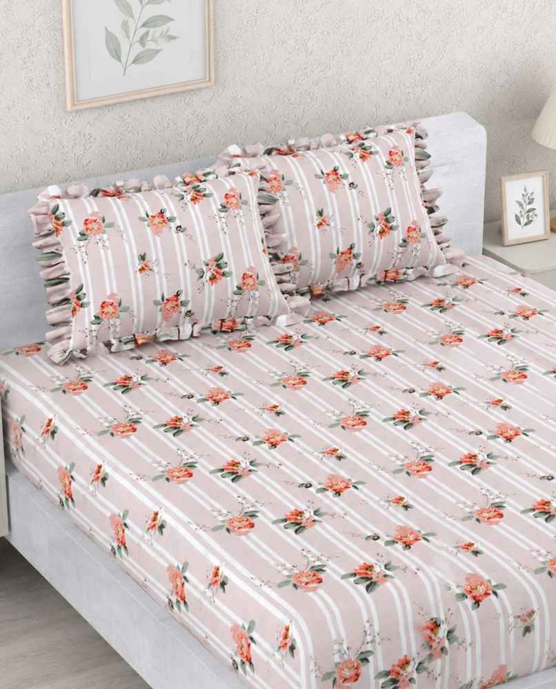 DREAM WEAVERZ Elastic Fitted Double Bedsheet with 2 Frill Pillow Covers | Cotton Blend | Light Pink DREAM WEAVERZ Elastic Fitted Double Bedsheet with 2 Frill Pillow Covers | Cotton Blend | Light Pink