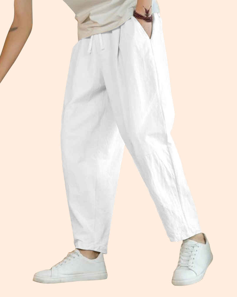 FTX Men Solid Tapered Fit Cotton Linen Trouser | White - 28 FTX Men Solid Tapered Fit Cotton Linen Trouser | White - 28