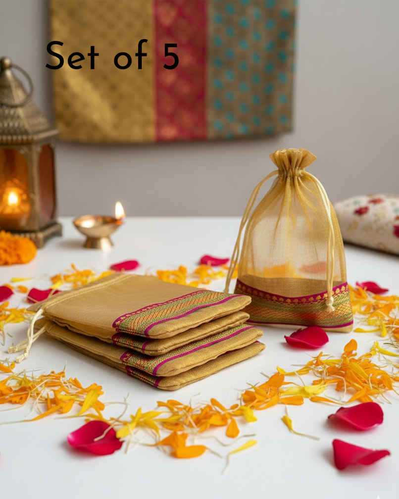 Classic Potli Bag | Traditional Ethnic Pouch | Yellow | Pack Of 5 | Mad Over Print Classic Potli Bag | Traditional Ethnic Pouch | Yellow | Pack Of 5 | Mad Over Print